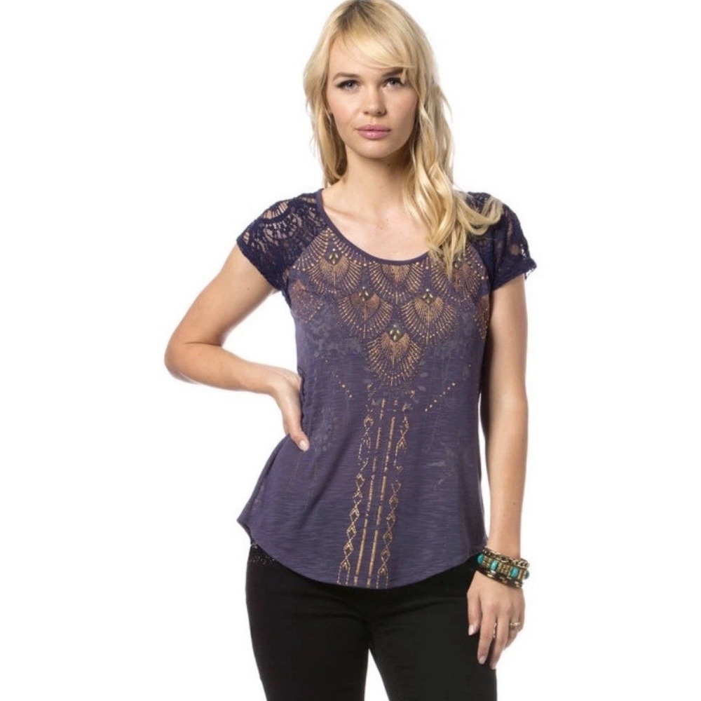 Miss‎ Me Embellished Metallic Elements Top Shirt blouse Navy Blue XS / pre ow-